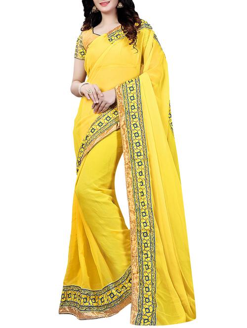 yellow georgette bordered saree with blouse - 14779502 - Very Small Image - 1