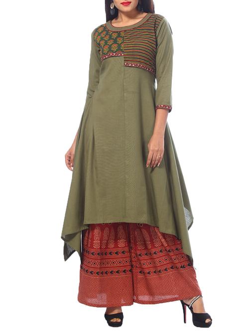 olive green cotton asymmetric kurta - 14781092 - Very Small Image - 1
