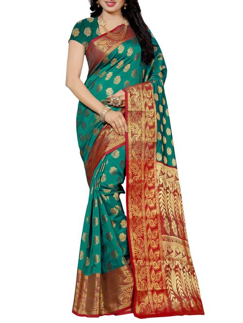 turquoise cotton saree with blouse - 14781304 - Very Small Image - 1
