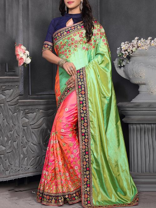 green and pink half & half saree with blouse - 14781794 - Very Small Image - 1