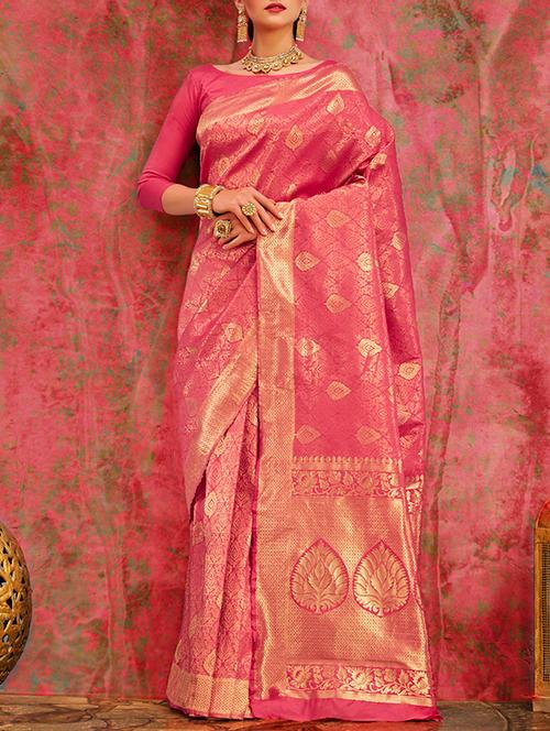 pink silk blend kanjivaram saree with blouse - 14782321 - Very Small Image - 1