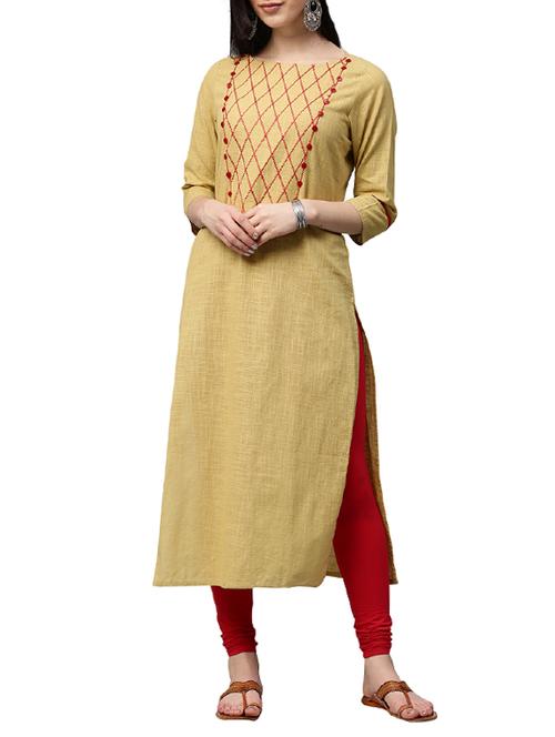 beige cotton straight kurta - 14783364 - Very Small Image - 1