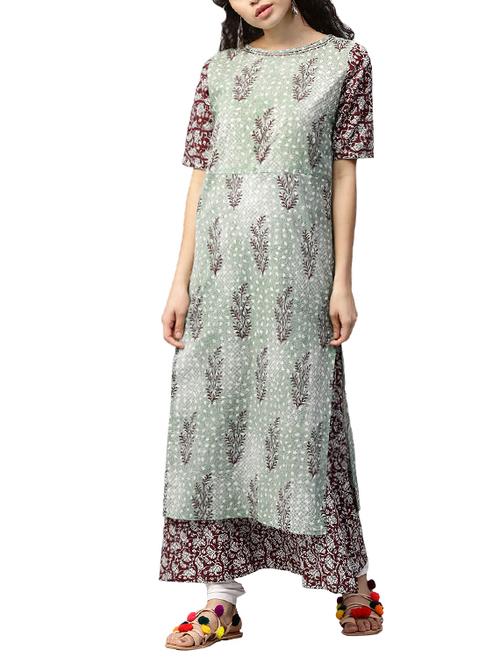 green cotton layered kurta - 14783373 - Very Small Image - 1