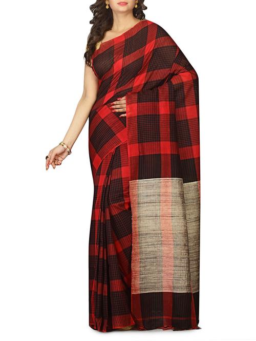 red khadi saree with blouse - 14784418 - Very Small Image - 1