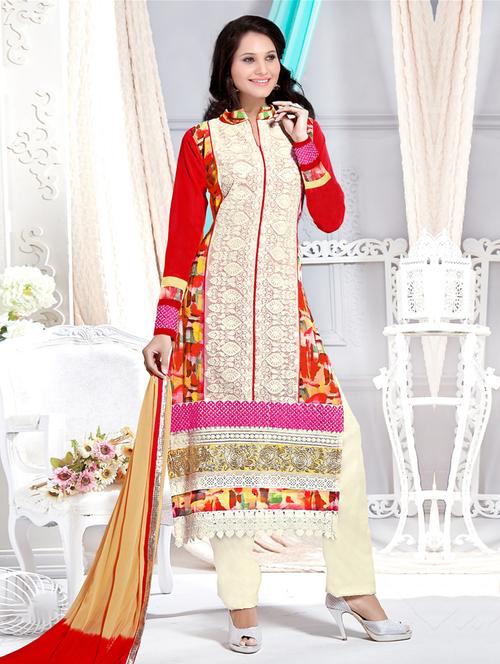 red georgette unstitched straight pantsuits - 14785847 - Very Small Image - 1