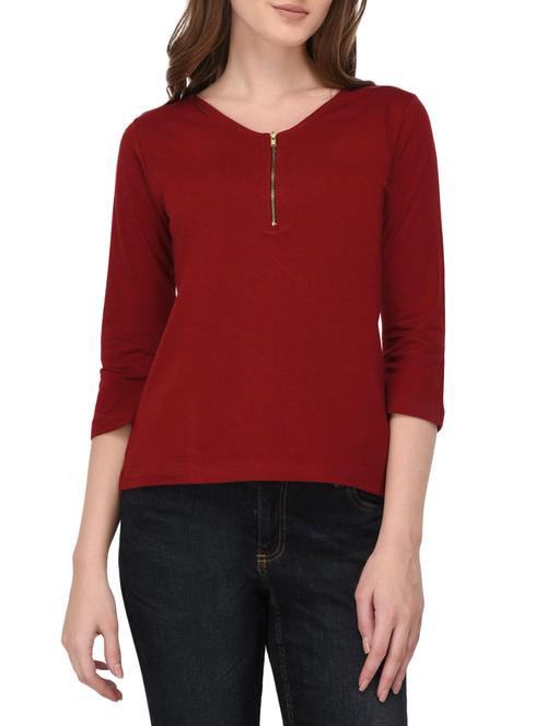 v-neck zipper detail solid top  - 14789123 - Very Small Image - 1