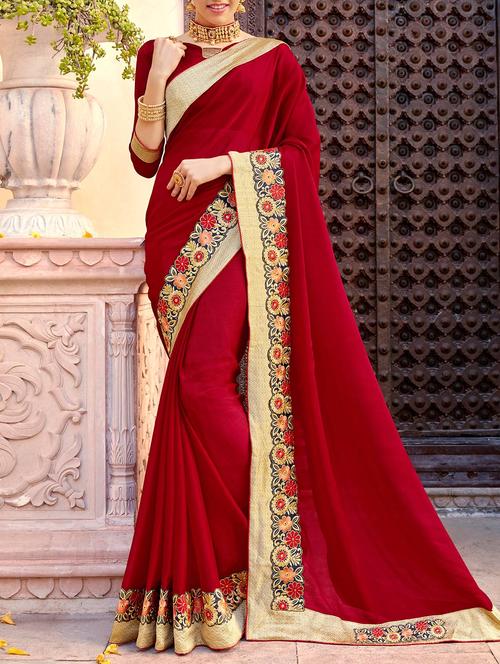 red georgette bordered saree with blouse - 14789676 - Very Small Image - 1