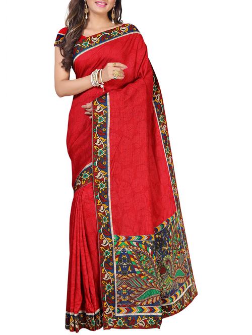 red silk blend printed saree with blouse - 14789816 - Very Small Image - 1