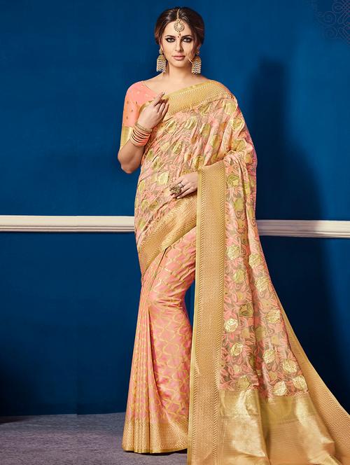 peach cotton silk banarasi saree - 14791623 - Very Small Image - 1