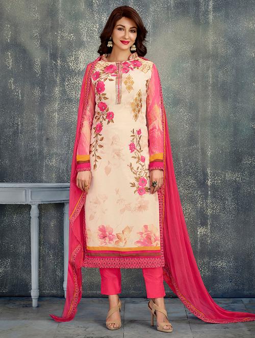 cream georgette semistitched suit - 14792206 - Very Small Image - 1