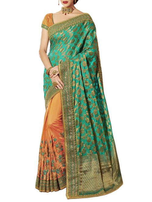 green silk half & half saree with blouse - 14792696 - Very Small Image - 1