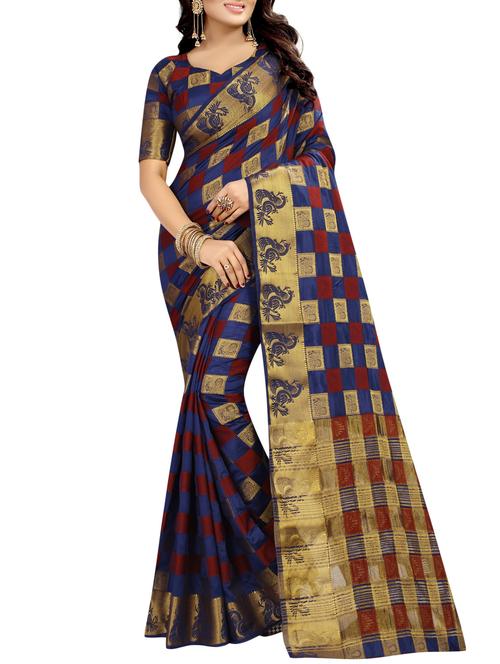 blue cotton silk kanjivaram saree with blouse - 14799662 - Very Small Image - 1
