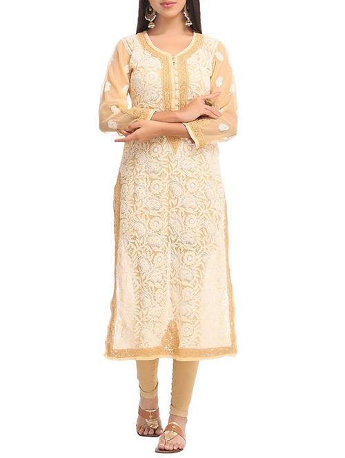 ada beige faux georgette chikankari straight kurta - 14799861 - Very Small Image - 1