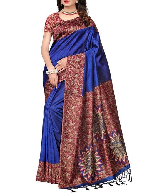 blue tussar silk printed saree with blouse - 14800343 - Very Small Image - 1