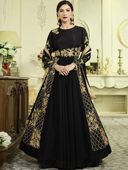 black embroidered georgette semi-stitched flared suit - 14801568 - Very Small Image - 1