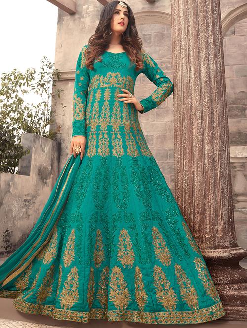 green silk embroidered semi-stitched anarkali suit - 14801592 - Very Small Image - 1