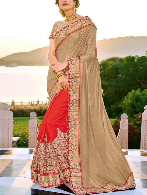 beige silk embroidered saree with blouse - 14804684 - Very Small Image - 1