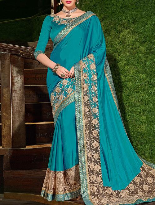 turquoise embroidered saree with blouse - 14804691 - Very Small Image - 1