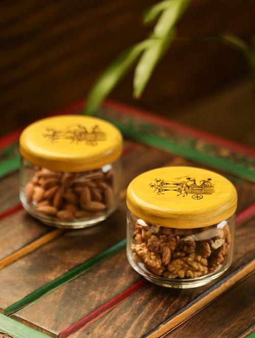 exclusivelane hand-painted snacks jar set in glass & wood - 14805068 - Very Small Image - 1