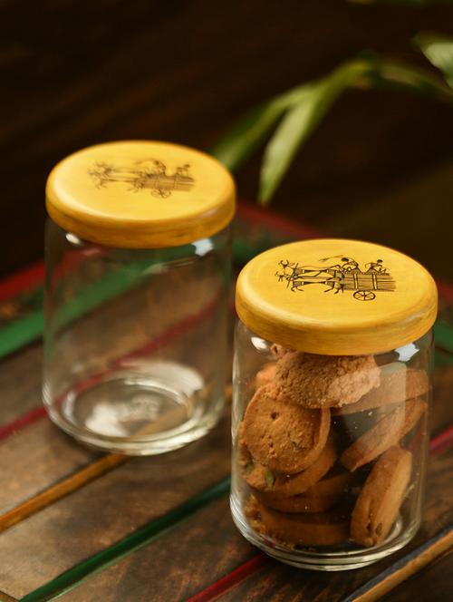 exclusivelane  hand-painted snacks & cookies jar set in glass & wood - 14805071 - Very Small Image - 1
