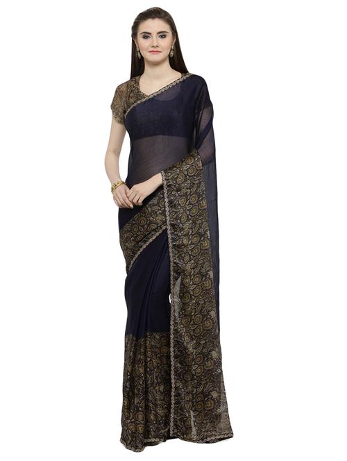 women's printed navy blue colored saree - 14806950 - Very Small Image - 1