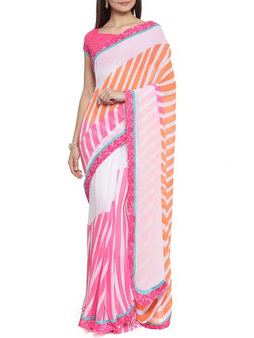 women's stripes white colored saree with blouse - 14807054 - Very Small Image - 1