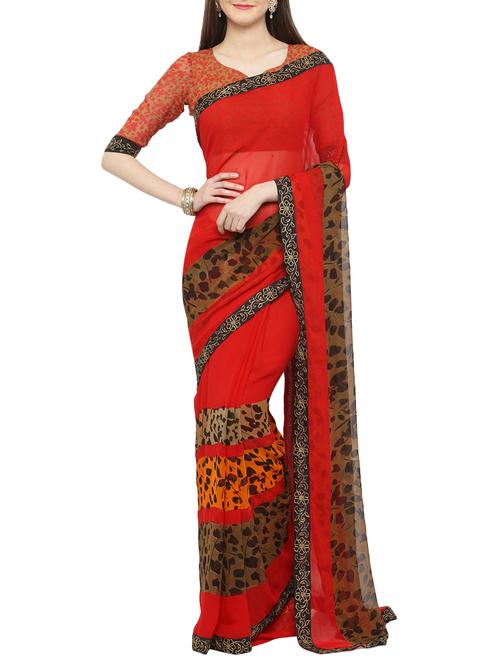 women's printed red colored saree with blouse - 14807059 - Very Small Image - 1