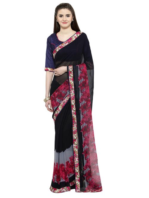 women's floral black colored saree with blouse - 14807074 - Very Small Image - 1