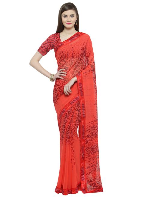 red georgette printed saree with blouse - 14807137 - Very Small Image - 1
