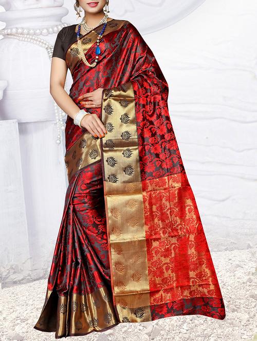 red cotton silk kanjivaram saree with blouse - 14807806 - Very Small Image - 1