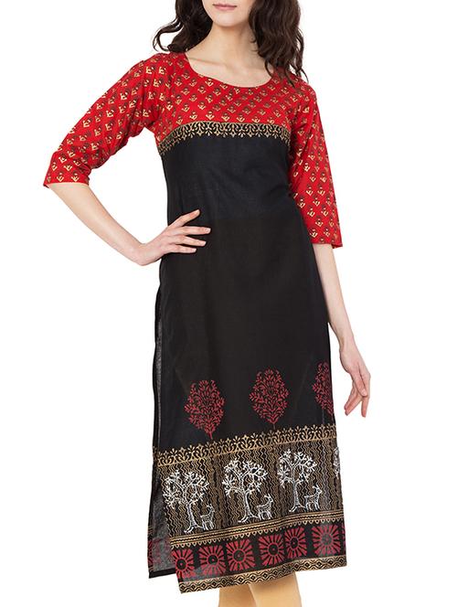 black cotton straight kurta - 14810912 - Very Small Image - 1