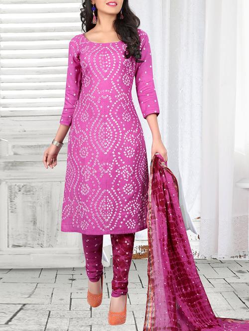 pink bandhani churidaar unstitched suit - 14811340 - Very Small Image - 1