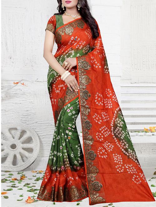 green art silk bandhani saree with blouse - 14812321 - Very Small Image - 1