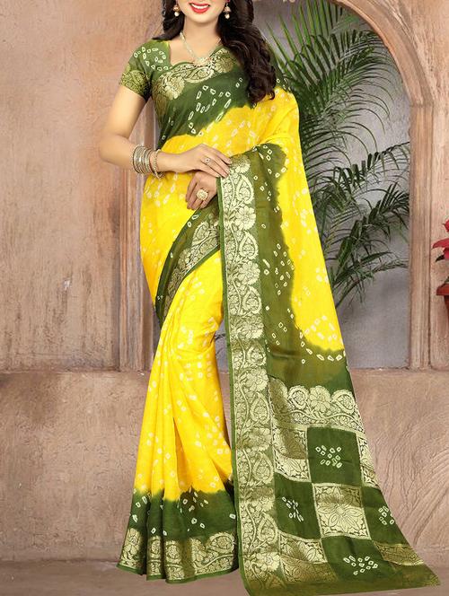 yellow art silk bandhani saree with blouse - 14812340 - Very Small Image - 1