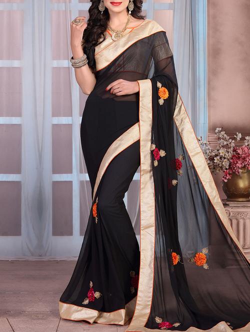 black chiffon embroidered saree with blouse - 14813746 - Very Small Image - 1