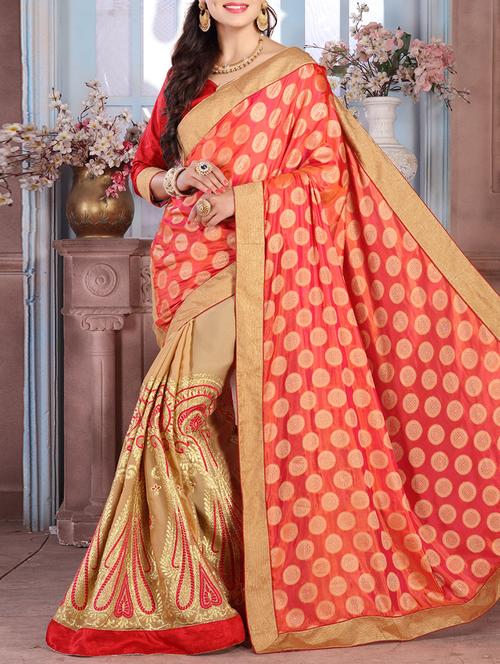 red and beige half & half saree with blouse - 14813753 - Very Small Image - 1