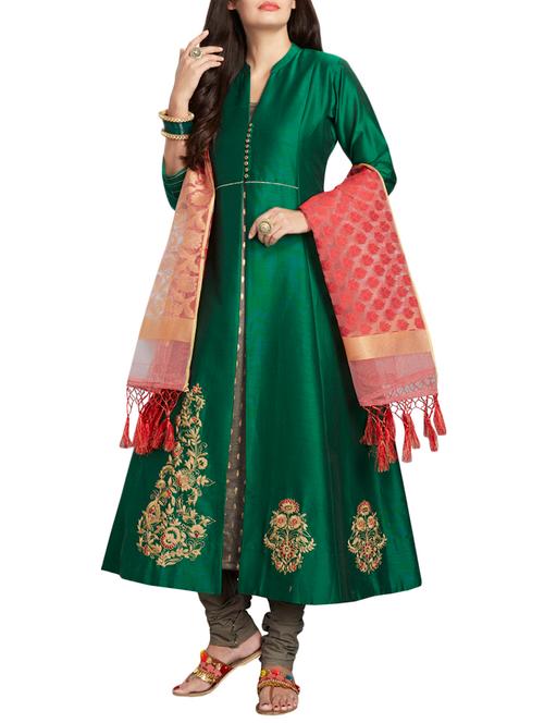 green chanderi a-line stitched suit - 14816735 - Very Small Image - 1