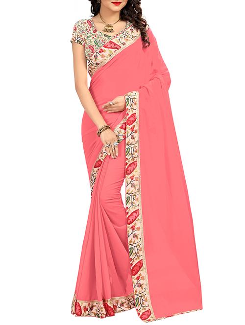 pink georgette bordered saree with blouse - 14816808 - Very Small Image - 1