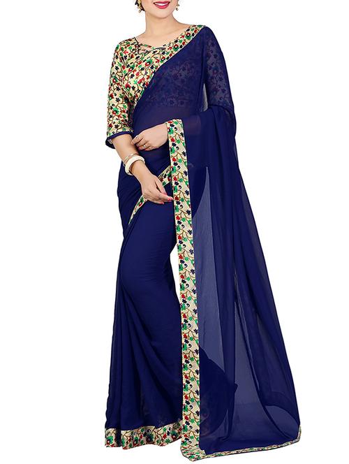 blue georgette bordered saree with blouse - 14816810 - Very Small Image - 1