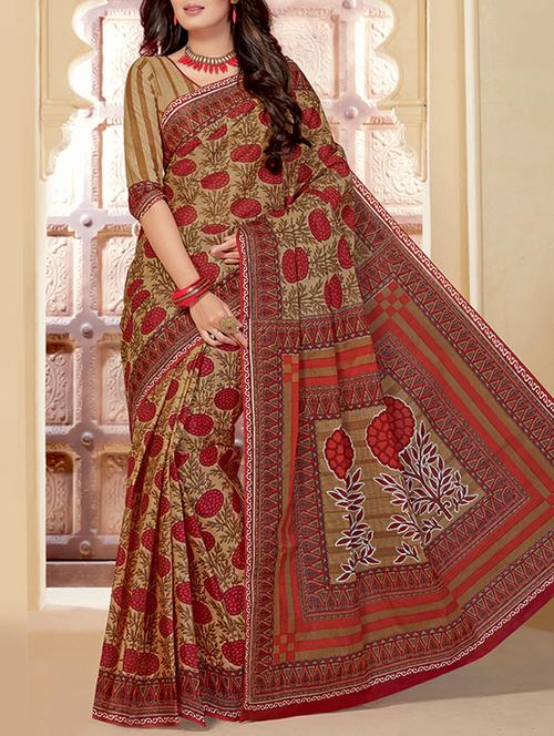 beige cotton printed saree with blouse - 14817692 - Very Small Image - 1