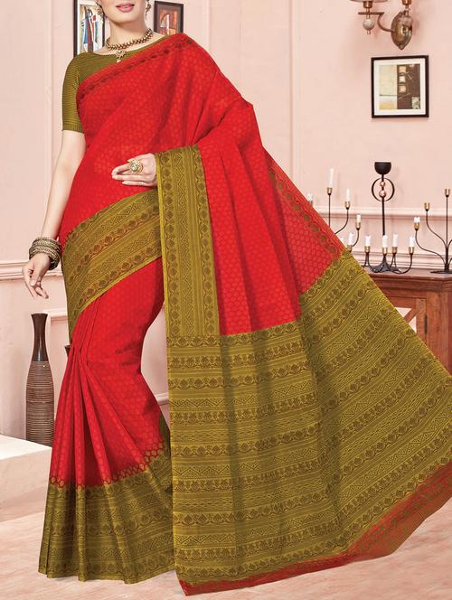 red cotton printed saree with blouse - 14817715 - Very Small Image - 1