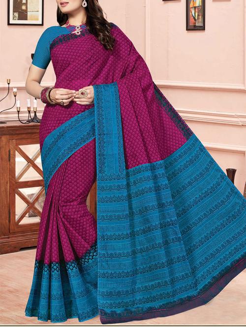 purple cotton printed saree with blouse - 14817718 - Very Small Image - 1