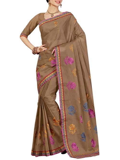 brown cotton embroidered saree with blouse - 14817745 - Very Small Image - 1