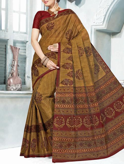 beige cotton printed saree with blouse - 14817763 - Very Small Image - 1