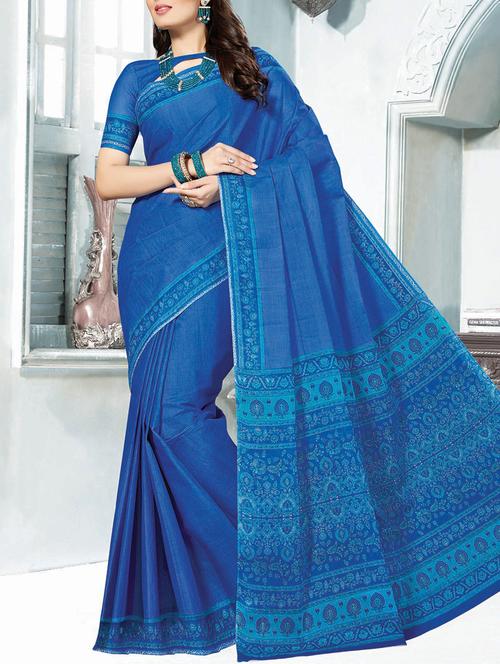 blue cotton printed saree with blouse - 14817765 - Very Small Image - 1