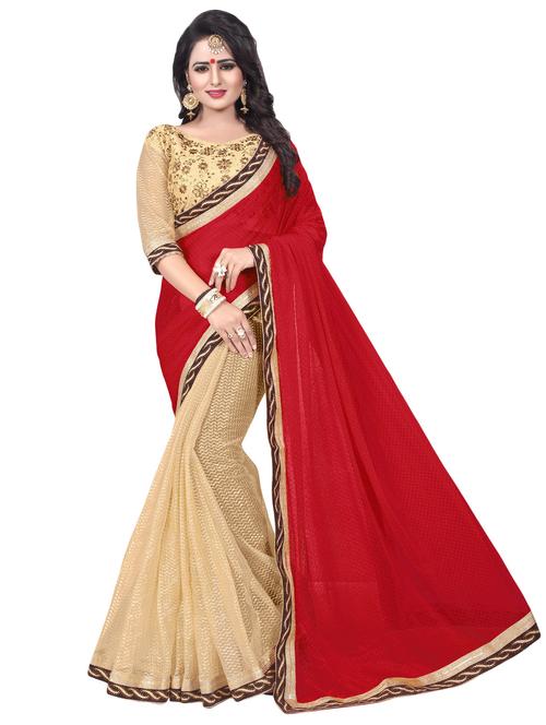 red net & lycra half & half saree with blouse - 14842196 - Very Small Image - 1