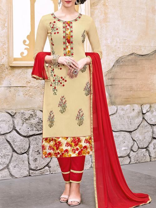 beige chanderi cotton unstitched straight pant suit - 14842215 - Very Small Image - 1