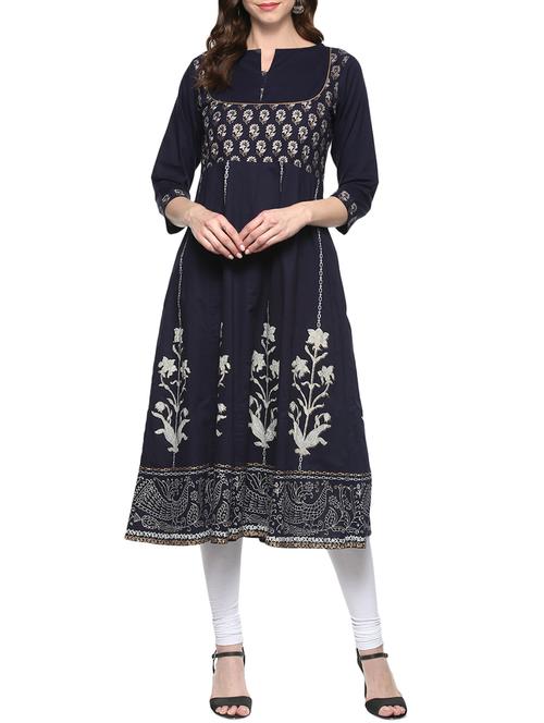blue cotton flared kurta - 14846647 - Very Small Image - 1