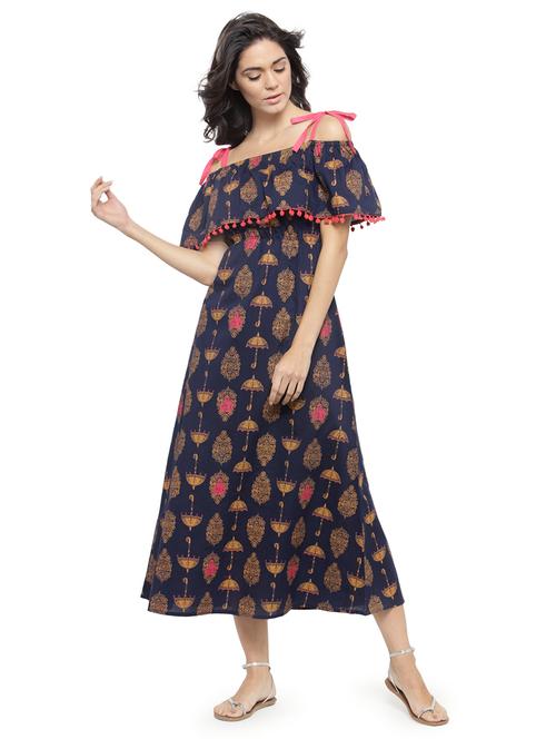 blue printed a-line dress - 14849822 - Very Small Image - 1
