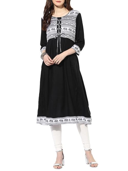 black cotton flatred kurta - 14853017 - Very Small Image - 1